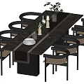 Modern Dining Table Set With Marble Surface Eight Light Upholstered Chairs And Decorative Plants Candles