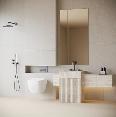 Modern Bathroom Vanity With Mirror Beige Tiled Wall Cabinet Faucet And Toiletries Towel 3d model
