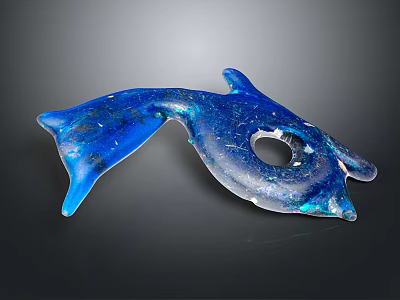 Blue Glass Dolphin Shaped Aquatic Animal With Glossy Texture Circular Hole In Dark Background 3d model