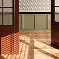 Open Wooden Double Doors Revealing Interior With Floral Murals And Parquet Floor