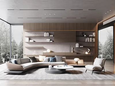 Modern Living Room Interior With Curved Sofa Wooden Bookshelves And Round Coffee Table 3d model