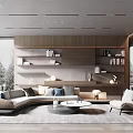 Modern Living Room Interior With Curved Sofa Wooden Bookshelves And Round Coffee Table