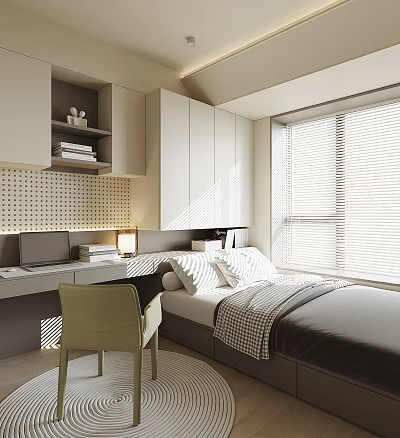 Modern Tatami Bedroom Interior Design With Tatami Bed Desk Chair And Window Blinds 3d model