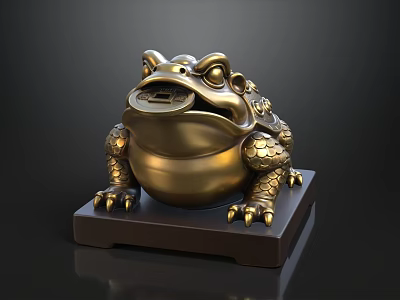 Golden Brass Toad Decorative Ornament With Coin In Mouth And Scaly Texture On Base 3d model