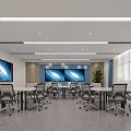 School Meeting Room Featuring Long Tables Chairs Large Screens Blue Walls Windows And Green Plants