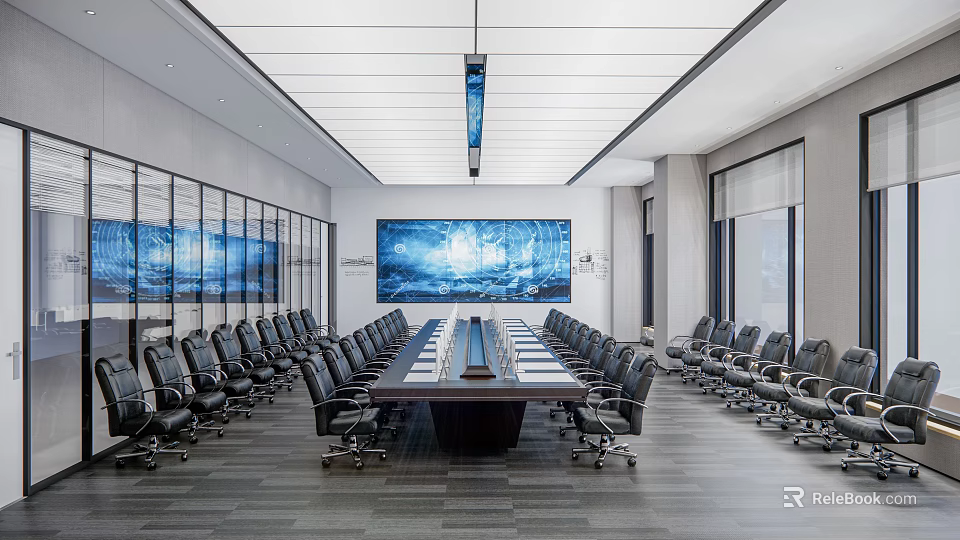 Modern Conference Room With Long Table Black Office Chairs Large Screen And Glass Partitions 3d model 