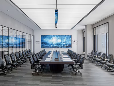 Modern Conference Room With Long Table Black Office Chairs Large Screen And Glass Partitions 3d model