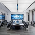 Modern Conference Room With Long Table Black Office Chairs Large Screen And Glass Partitions