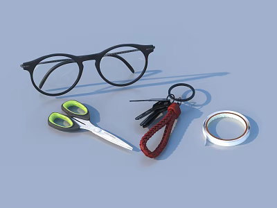 Black Glasses Scissors With Green Handles Keychain And Clear Tape Collection 3d model