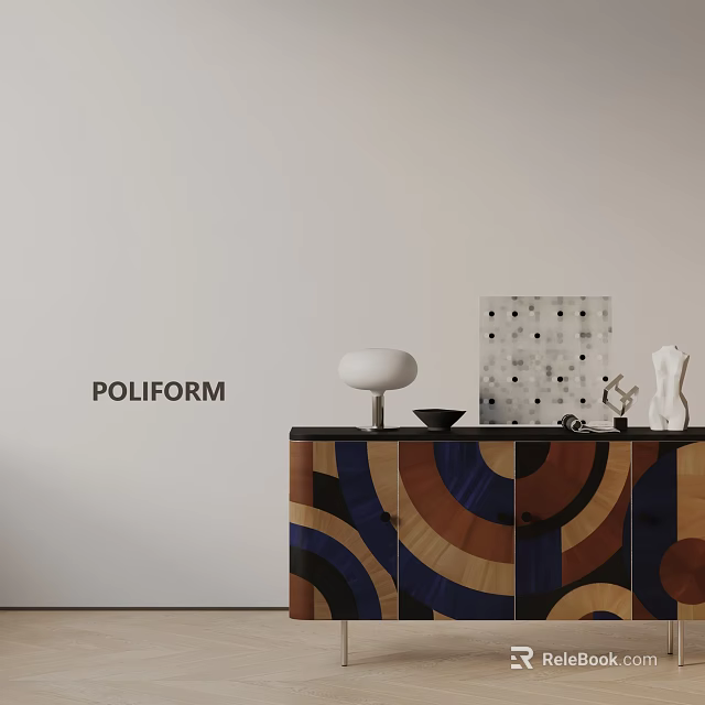 Poliform Entryway Console Cabinet with Colorful Circular Patterns White Table Lamp and Geometric Mosaic Artwork 3d model 