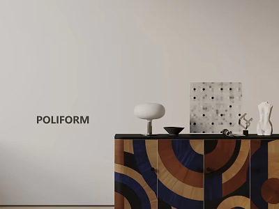 Poliform Entryway Console Cabinet with Colorful Circular Patterns White Table Lamp and Geometric Mosaic Artwork 3d model