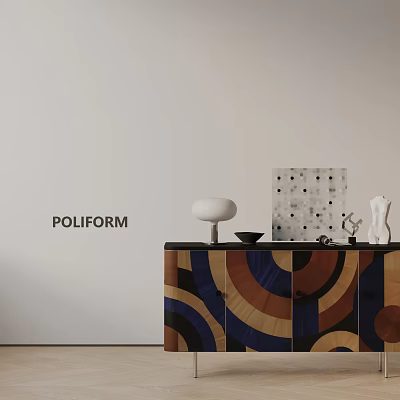 Poliform Entryway Console Cabinet with Colorful Circular Patterns White Table Lamp and Geometric Mosaic Artwork 3d model