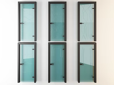 Glass Doors with Black Frames Arranged in Rows Featuring Various Patterns 3d model