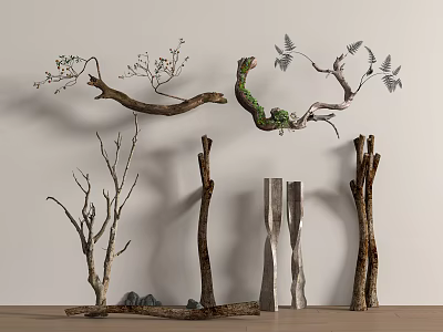 Plant Combination With Decorative Branches On Wall And Dry Branches Metal Vases On Wooden Floor 3d model