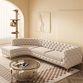 Tufted Beige L Shaped Sofa Coffee Table Set With Glass Top Gold Legs Geometric Rug