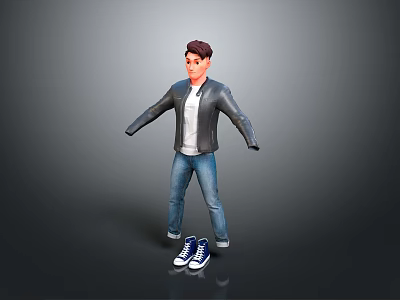 Men's Casual Outfit Featuring Black Leather Jacket White T-shirt Blue Jeans And Blue Sneakers 3d model