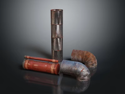 Industrial Metal Pipe Equipment With Straight Curved Red Silver Rusty Brown Elements 3d model
