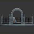 Scenic Circular Stone Fence Landscape With Grass Stone Arches Black Iron Gate Decorative Pillars And Monument