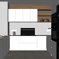 Modern Kitchen Interior With White Cabinets Black Appliances And Wooden Upper Cabinets