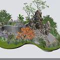 Charming Garden Ornamental Landscape With Rockery Stones Small Pond Red Maple Leaves And Purple Flowers