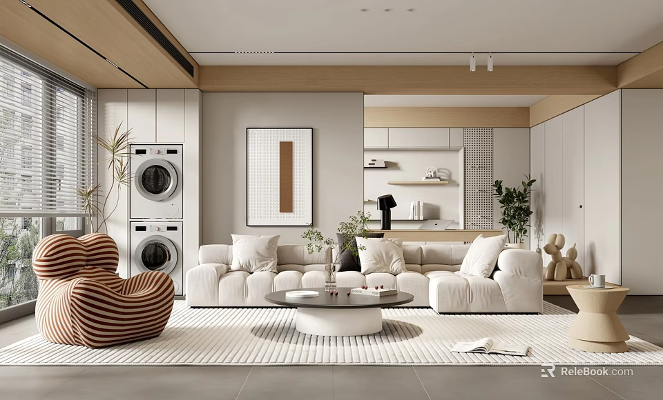Modern Living Room Interior With White Sofa Round Coffee Table Striped Armchair And Green Plants 3d model 