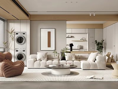 Modern Living Room Interior With White Sofa Round Coffee Table Striped Armchair And Green Plants 3d model