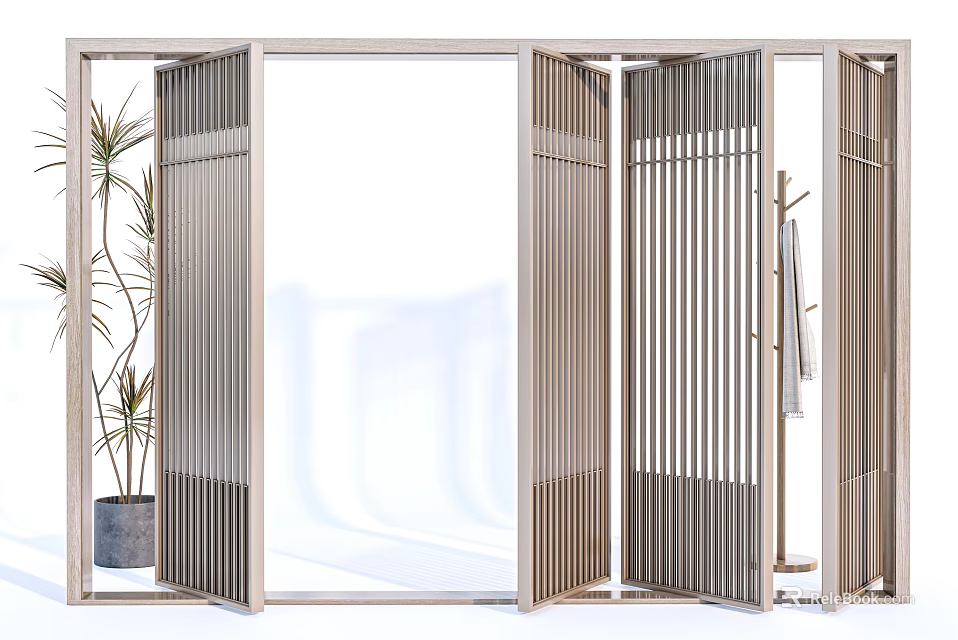 Modern Wooden Slatted Room Divider For Interior Space With Palm Plant And Coat Rack 3d model 