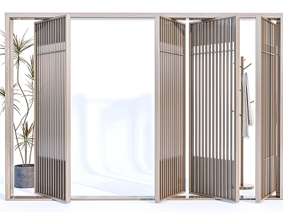Modern Wooden Slatted Room Divider For Interior Space With Palm Plant And Coat Rack 3d model