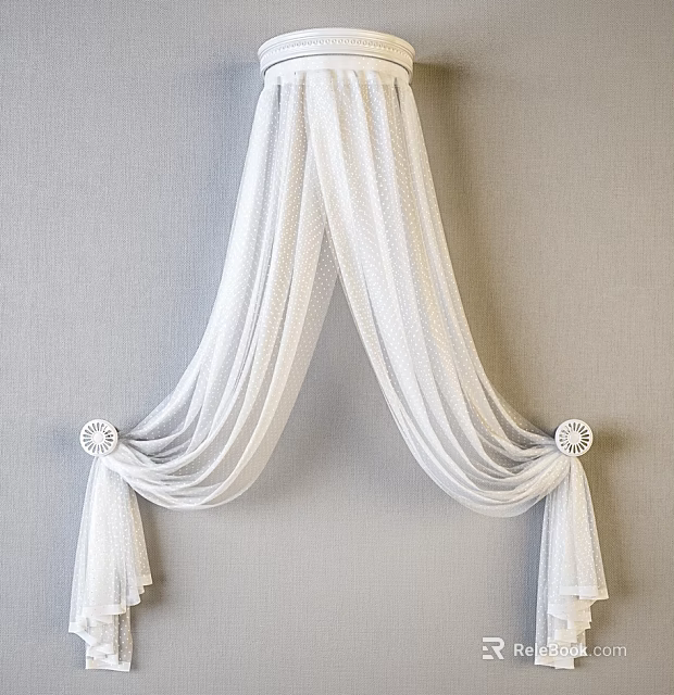 White Sheer Ceiling Drapery with Decorative Knots and Round Ornaments on Light Gray Wall 3d model 