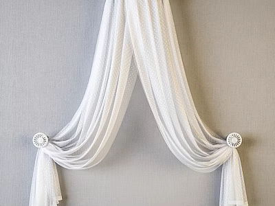 White Sheer Ceiling Drapery with Decorative Knots and Round Ornaments on Light Gray Wall 3d model