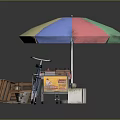 Colorful Umbrella Covered Bicycle Food Stall With Wooden Crates And Trash Bin