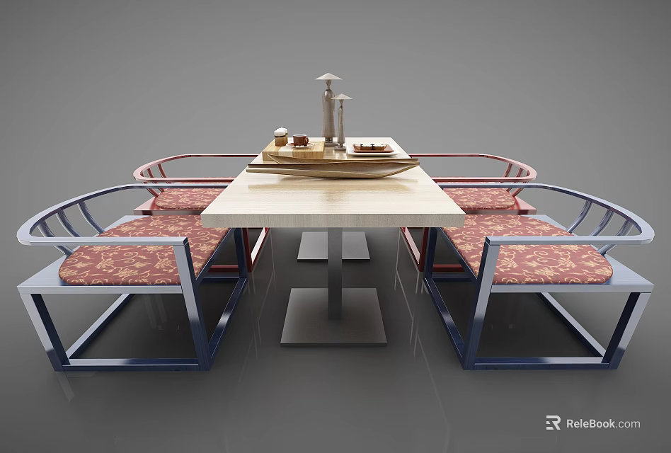 Modern Dining Table Set With Marble Tabletop And Curved Metal Frame Chairs Red Patterned Cushions 3d model
