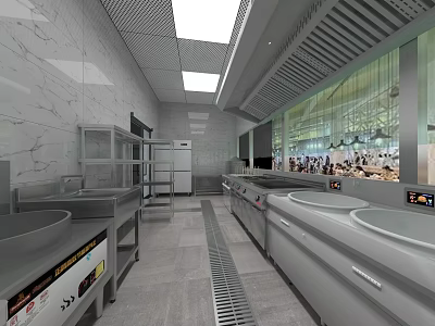 Spacious Commercial Kitchen With Stainless Steel Workstations Marble Walls And Ventilation System 3d model