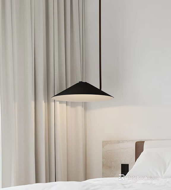 Black Pendant Light Hanging in Bedroom with Beige Curtains White Walls and Beige Brown Headboard 3d model 