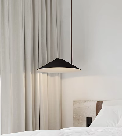 Black Pendant Light Hanging in Bedroom with Beige Curtains White Walls and Beige Brown Headboard 3d model