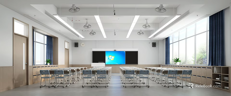 School Classroom With Neat Desks Chairs Smart Blackboard Projector Screen And Ceiling Fans 3d model 