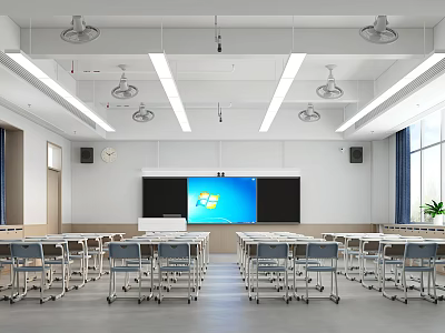 School Classroom With Neat Desks Chairs Smart Blackboard Projector Screen And Ceiling Fans 3d model