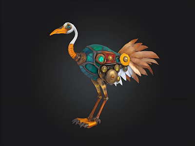 Intricate Steampunk Mechanical Bird With Metallic Gears And Colorful Feathers 3d model