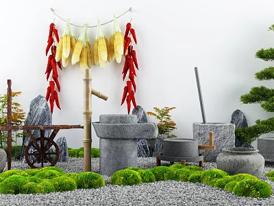 Traditional Courtyard Garden with Hanging Red Chili Corn Strings Stone Mill and Green Plants 3d model