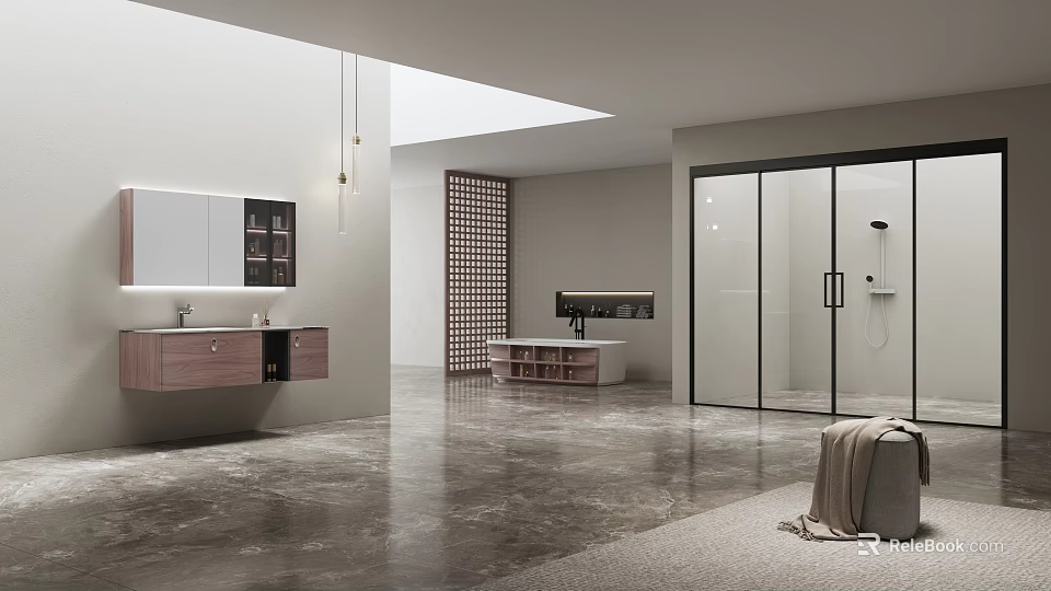Modern Spacious Minimalist Bathroom Interior With Wall Mounted Vanity Freestanding Tub And Glass Shower Enclosure 3d model 
