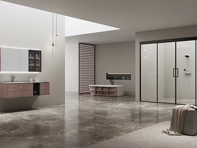 Modern Spacious Minimalist Bathroom Interior With Wall Mounted Vanity Freestanding Tub And Glass Shower Enclosure 3d model