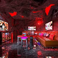 Cave Style KTV Room With Red Lighting Stone Walls Colorful Stools Bar And TV Screens
