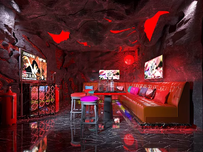 Cave Style KTV Room With Red Lighting Stone Walls Colorful Stools Bar And TV Screens 3d model