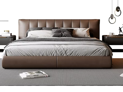 Modern Double Bed With Leather Headboard Gray Bedding Bedside Tables And Pendant Lights 3d model