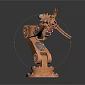 Copper Colored Industrial Robot Arm With Mechanical Gripper And Grid Platform Base