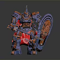 Armored Mechanical Warrior With Orange Blue Armor Shield And Glowing Red Weapon