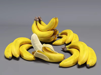 Fresh Ripe Yellow Banana Bunches With a Peeled One on Gray Background 3d model