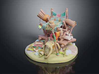 Small Wooden Building Structure With Wooden Frame Colorful Banners Hanging Lantern Basket Books And Plants 3d model