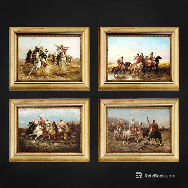 Four Vintage Historical Battle Scene Oil Paintings with Mounted Figures in Golden Frames 3d model 