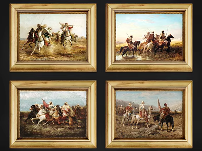 Four Vintage Historical Battle Scene Oil Paintings with Mounted Figures in Golden Frames 3d model